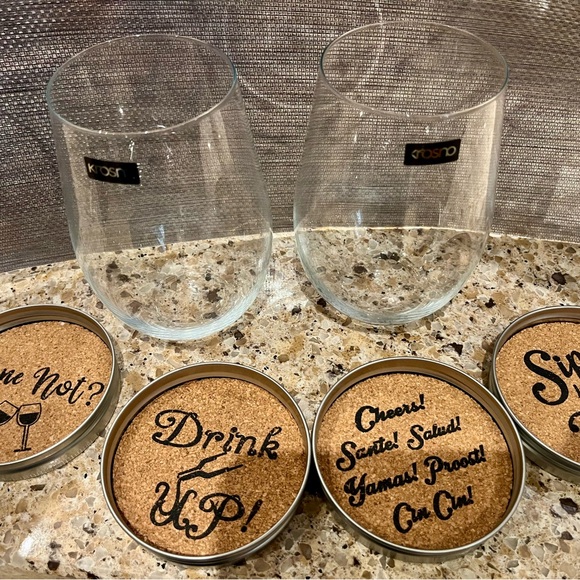Brand New Set of 2 Wine Glasses with 4 coasters. 16oz - Picture 1 of 3